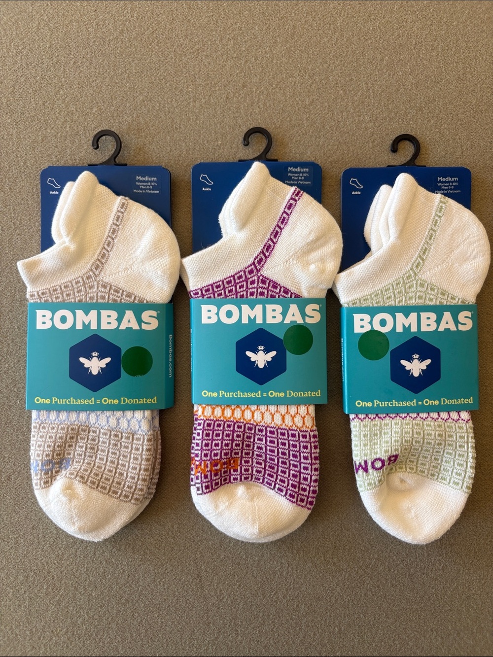 3 Bombas White Low-Cut Socks Unisex Women Medium Blue Khaki Purple Orange Green